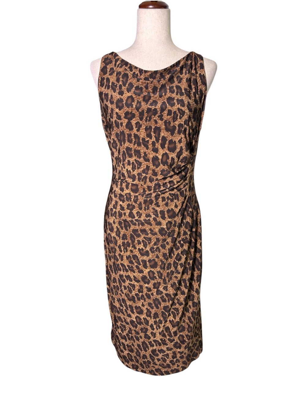 Lauren Ralph Lauren Leopard Print Ruched Midi Dress Brown Size 10